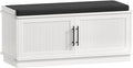 Akxomel Fluted Shoe Storage Bench with Cushion, 39.4" Entryway Bench with Adjustable Shelves and 2 Doors, Shoe Cabinet Bench with Curved Profile, for Hallway, Living Room, Bedroom, White