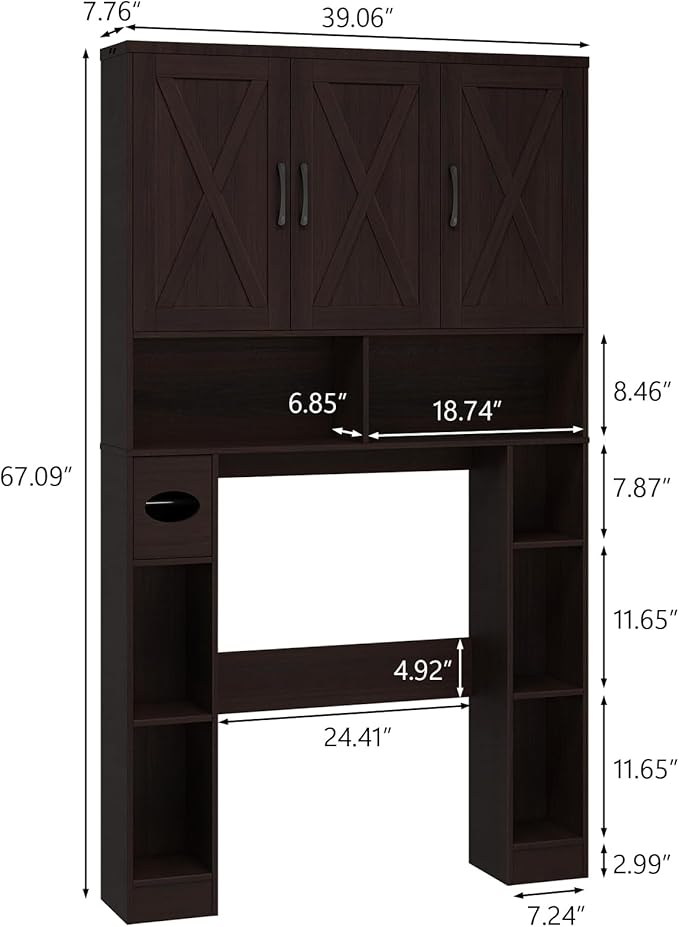 Over The Toilet Storage Cabinet, Farmhouse Toilet Cabinet Rack with 3 Barn Doors, Space Saving Bathroom Organizer with Shelves, Toilet Paper Holder and Towel Rack for Bathroom,Restroom.(Walnut).