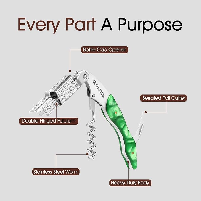 GOBETTER Wine Opener, Professional Corkscrews for Wine Bottles Cap Remover, Manual Wine Key for Home Use, Servers, Waiters Bartenders and Wine Lovers, Green Resin