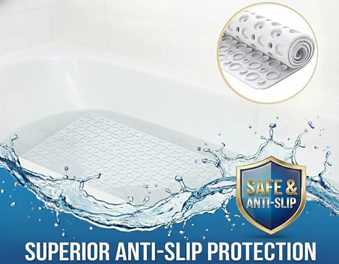 Nonslip Bath Tub Shower Mat with Suction Cups, Extra Soft TPE Bath Mat for Kids, Bathtub Bathroom Mats, Machine Washable, Smooth/Non-Textured Tubs Only, 35L x 16W Inch(White)