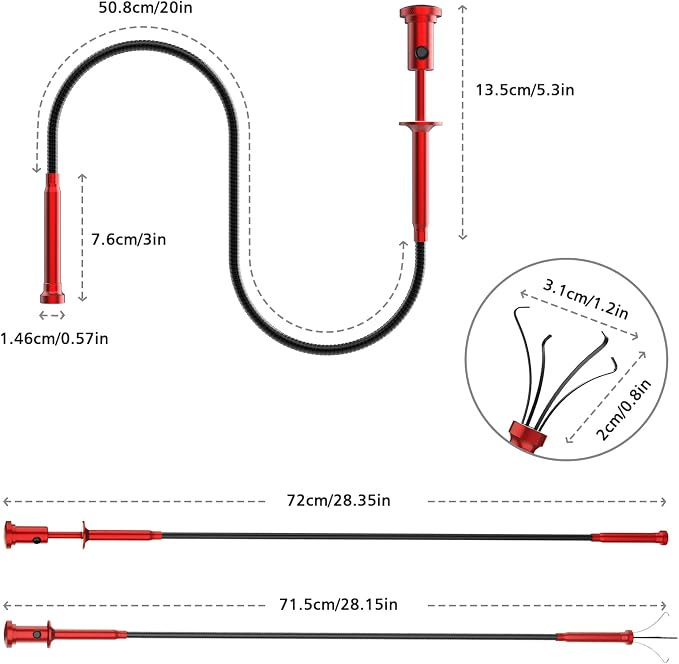Housolution 28.34in Grabber Tool Magnetic Four-Claw Picker, Bendable Hose Reacher Pickup Sweeper with LED Light Battery, Flexible Long Handy Reaching Assist Tool for Litter Pick/Home Sink/Drain, Red