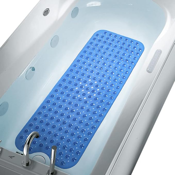 Anti Slip Extra Long Bathtub and Shower mat 39" x 16", Wet Floor Non-Slip for Elderly & Kids Bathroom, 30% Longer Bathtub Mats, 200 Suction Cups, Drain Holes, Machine Wash (Clear Blue)