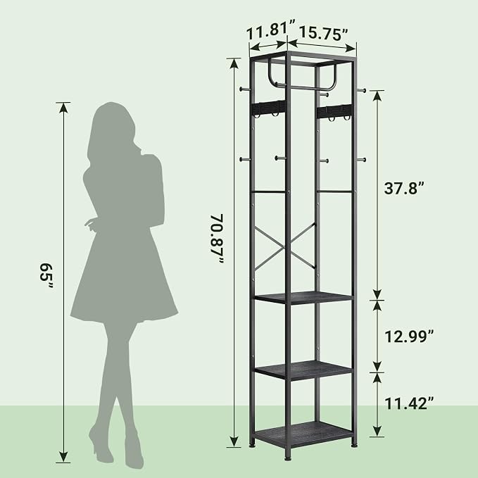 ELYKEN Coat Rack Freestanding, Hall Tree with 3 Storage Shelves and 12 Hooks, Metal Clothes Rack Stand Organizer for Bedroom, Hallway, Entryway, Office, Living Room, Black