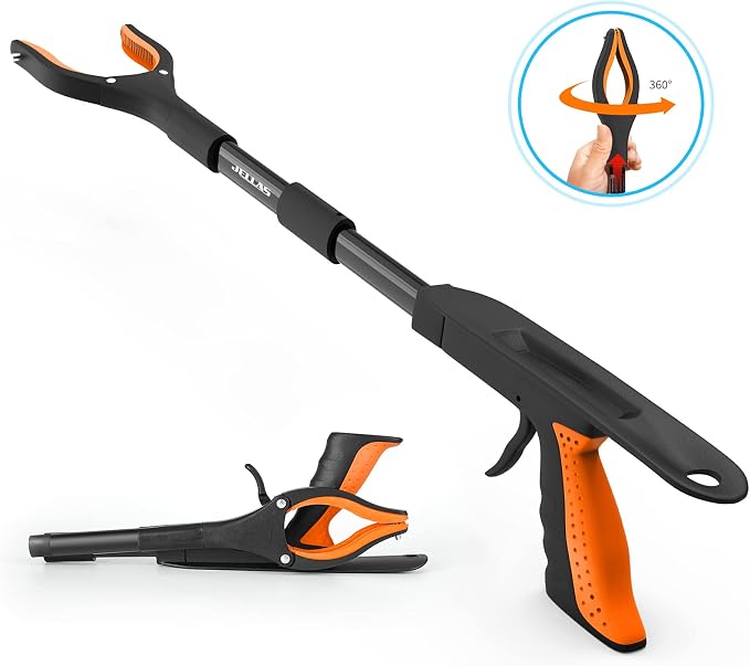 Jellas 2-Pack 32 Inch Grabber Reacher Tool with Magnetic Tip, Reacher Grabber with 360 Degrees Rotating Jaw, Grabber with Shoehorn for Elderly, Trash Picker Tool for Outdoor & Indoor (Orange)