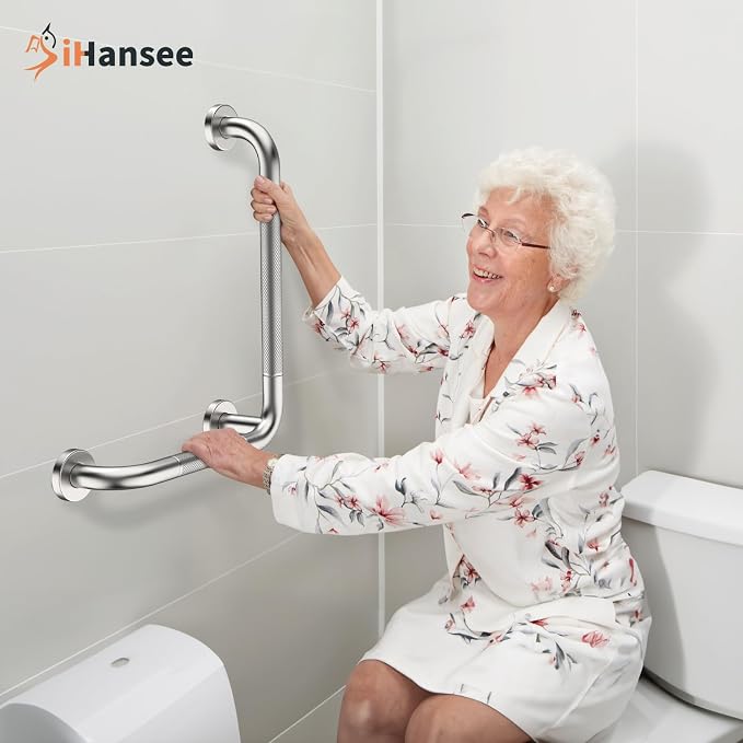 L-Shaped Angled Grab Bar 12x16 Inch Brushed Nickel Anti-slip Knurled Shower Handle Wall Mount, Stainless Steel Shower Bar for Seniors Injured Balance Support, Handicap Grab Bars for Bathtubs & Showers
