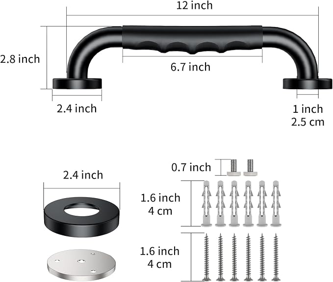 2 Pack 12 Inch Black Shower Grab Bar w/Anti Slip Rubber Grip,ZUEXT Stainless Steel Bath Grab Bar,Bathroom Balance Bar,Wall Mount Safety Handrail Support,Handicap Injury Elderly Senior Assist Handle