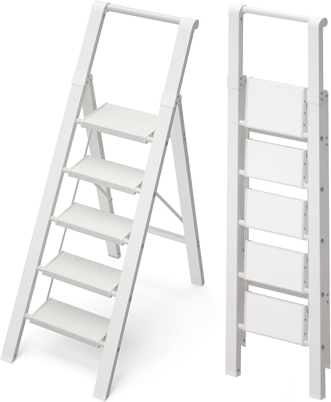 5 Step Ladder, Lightweight Folding StepStool with Convenient Handgrip,Aluminum 330lbs CapacityStep Ladder for Office,Household,Kitchen(White)