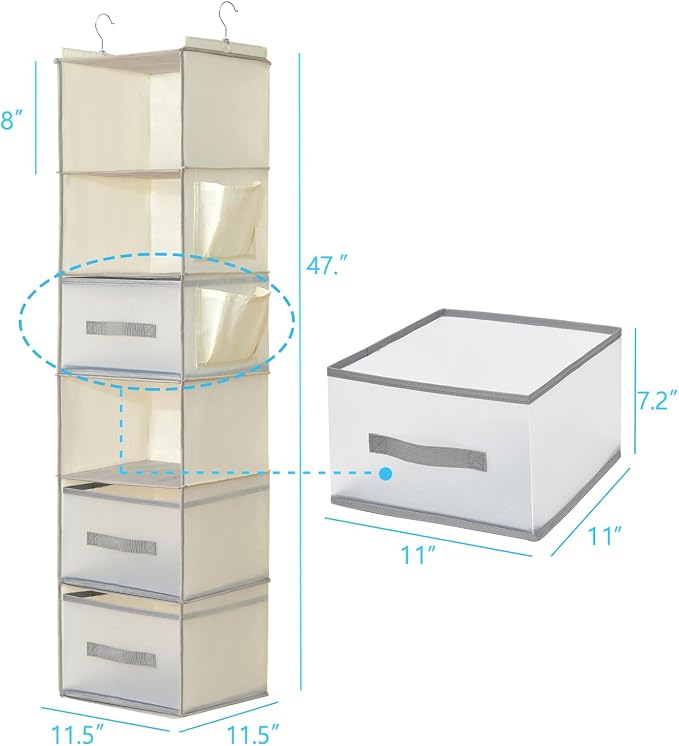 6-Tier Hanging Closet Organizer with 3Drawers and Side Pockets-Multi-FunctionalStorage for Shoes, Belts, Purses, and Clothing