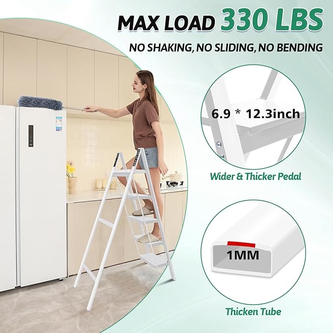 5-Step Folding Ladder, Heavy Duty Ladders for Home & Kitchen, Folding Ladder Easy to Store, Tall Ladder for Adults, Anti-Slip & Space-Saving Step Ladder, 330 Lbs Capacity, White