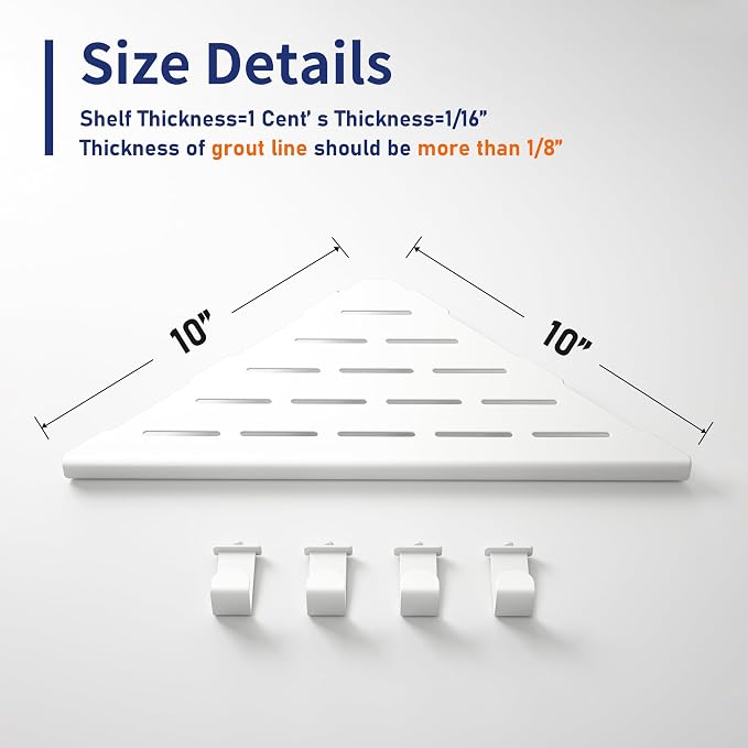 Corner Shower Shelf w/Hooks, Grout in Bathroom Shelves for Tiled Wall, 304 Stainless Steel Recessed Shower Shelf (Matte White, 10''-2pcs)