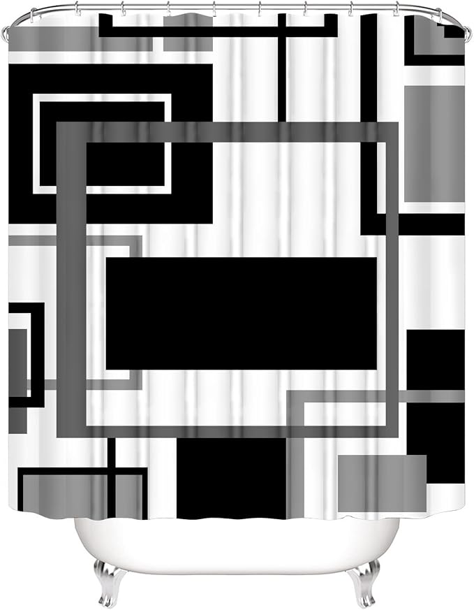 Yddsky 4 Pcs Black Geometric Shower Curtain Sets with Rugs Black Bathroom Sets with Shower Curtain and Rugs Modern Bathroom Curtains Shower Set with Toilet Lid Cover for Bathroom Decor Accessories