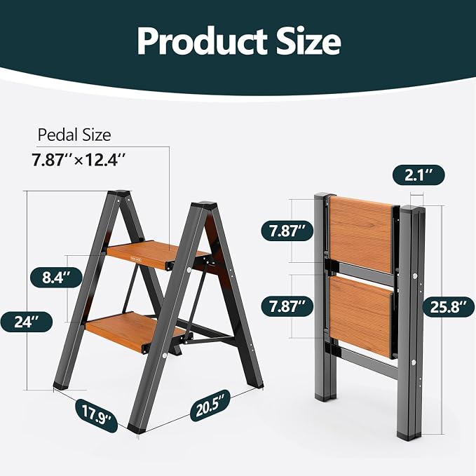 WOA WOA Step Ladder, Widening Pedals for Extra Balance, Lightweight Step Stool, Easy to Move Around, Foldable Ladder, Space Saving, Anti-Slip Stepladder 300 lbs Capacity (2 Step, Black & Wood Grain)