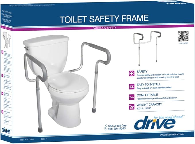 Drive Medical RTL12000 Toilet Safety Frame with Padded Arms, Anodized Aluminum Frame, Height and Width-adjustable Arms, Powder-coated Aluminum Bracket, Capacity up to 300 lb