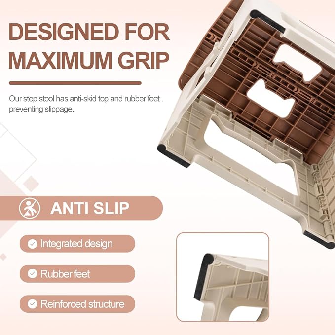 9'' Folding Step Stools for Kids and Adults, Hold Up to 300 lbs, Portable Foldable Step Stool for Toddlers, Plastic Small Collapsible Stepping Stools with Handle for Kitchen Bathroom (Khaki)