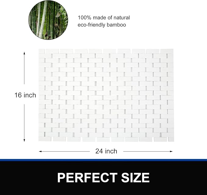 Bamboo Bath Mat Bathroom Rugs Floor Wood Shower Bathtub Waterproof Non Slip Accessories 16x24 Inch Easy to Clean, White, 1 pc