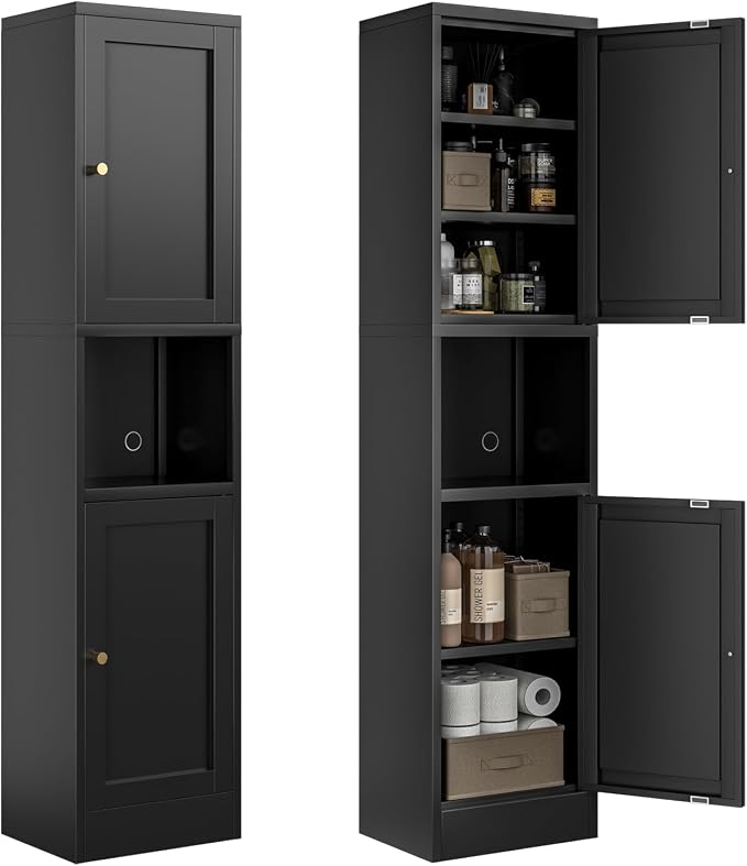 Bevivog Metal Bathroom Storage Cabinet Freestanding, 67" Tall Narrow Pantry Cabinet with Shelves for Kitchen, Skinny Metal Pantry with Hutch, 16" Wide Slim Cabinet for Small Spaces