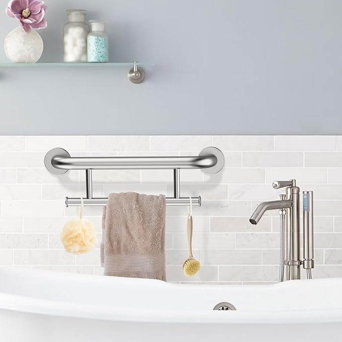 Brushed Nickel Grab Bar 17 Inch w/Towel Holder, iHansee Stainless Steel Shower Towel Bar Bathroom Balanced Support Handle, Wall Mount Safety Handrail Grab Rail for Elderly Senior Handicap Disabled