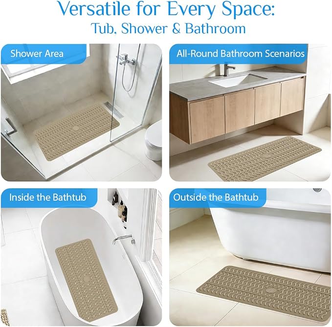 Non Slip Bathtub Mat & Shower Mat, 31x15'' Anti Slip Bath Mat for Tub, Soft TPE Anti-Skid Bathroom Mat with 194 Suction Cups & Drain Holes, Wave-Textured Grip, Machine Washable,Brown