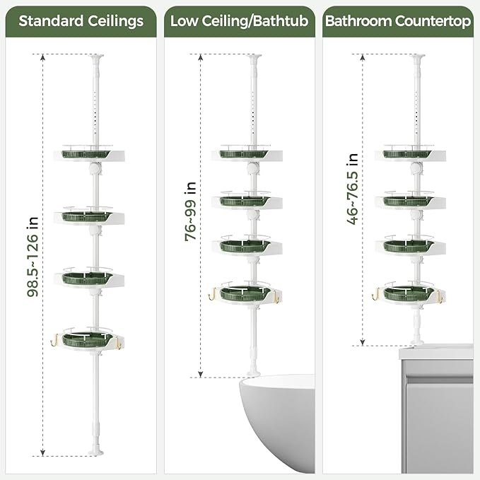 AKINBAS 360° Rotating Shower Caddy Tension Pole with 4-Tier Rustproof Lazy Susan 35-128 Inch No Drilling Coner Shelves Adjustable Shower Rack for Bathroom Bathtub Washbasin Plant Storage (White+Green)
