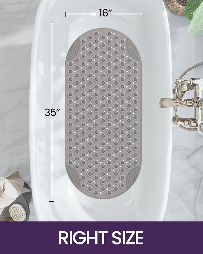 DEXI Bathtub Mat Non Slip 16x35, Shower Floor Mats for Bathroom Bath Tub, Washable Oval Bathmat with Suction Cups and Drain Holes, Clear Gray