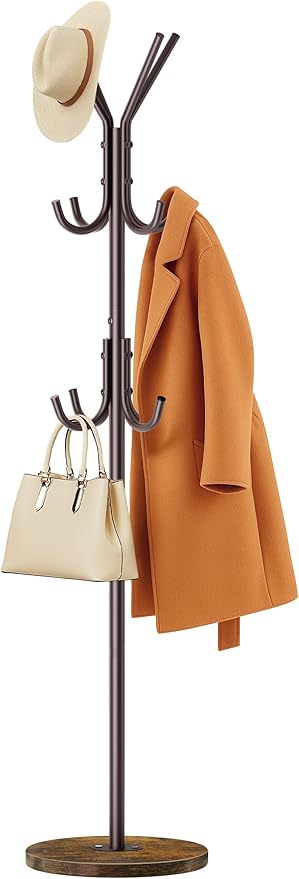 MISSLO Heavy Duty Coat Rack Freestanding with Stable Wood Base Modern Brown Coat Tree with 12 Hooks Adjustable Coats Hanger Stand Stylish Standing Clothes Tree for Entryway Bedroom Corner Hall