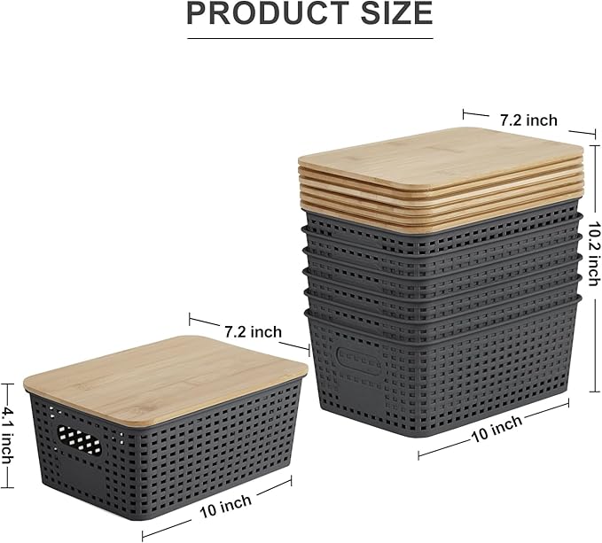 Bagnizer Small Plastic Storage Bins with Bamboo Lids 5.2qt Stackable Box Basket Pantry Decorative Containers Cute with Lable for Organizing Desktop Closet Office Gray of 6 packs 10 * 7.2 * 4.1"