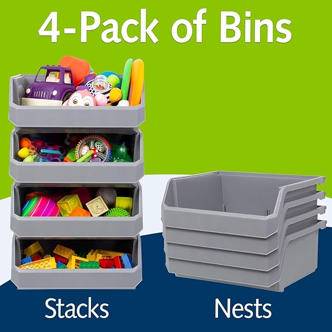 ReadySpace Plastic Containers for Organizing and Storage Bins for Closet, Kitchen, Office, Garage or Pantry Organization, Stackable Bins, Extra Large (14.8" x 16.5" x 7"), 4-Pack, Grey
