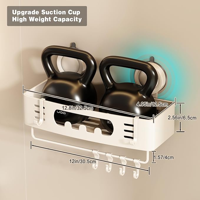 Voldra Shower Caddy Suction Cup, Shower Shelves for Inside Shower No Drilling, Aluminum Suction Showers Organizer for Wall with Towel Bar & Hooks Removable Bathroom Storage Rack (2 Pack-Cream White)