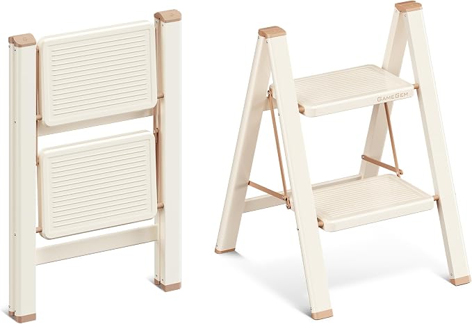 2 Step Ladder, 2 Step Stool for Adults, Folding Step Ladder with Secure Footing, Widened Pedal, Aesthetically Pleasing Looking, Blends Right into Domestic Rooms, Cream Chocolate