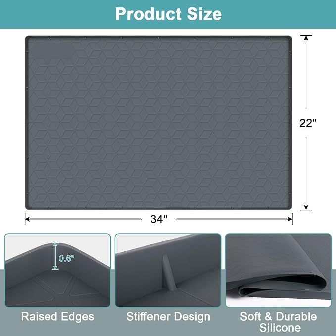 Under Sink Waterproof Mat for Kitchen 34" x 22", Silicone Under Kitchen Sink Mats and Protectors for Cabinets, Under Sink Tray Liner, Cabinet Mat for Kitchen Multipurpose Pet Mats, Rhombic Gray