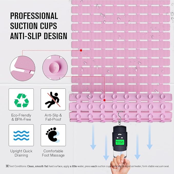 MBOSS Bath Tub Shower Mat Non Slip Bathtub Mats for Bathroom Shower Floor Mat Bath Mats for Shower Tub Anti Slip Shower Mat with Drain Hole and Large Suction Cups (Pink, 27.5 X 15.7 Inch)