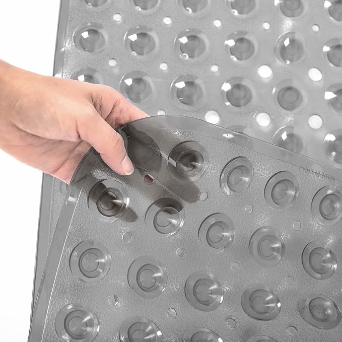 Bathtub and Shower Mats, Extra Long Non-Slip Bath Tub Mat 39 x 16 Inch, Machine Washable Bathmat with Suction Cups & Drain Holes for Bathroom Floor, Clear Grey