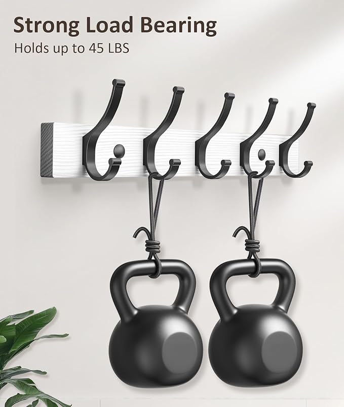 Optish Coat Rack Wall Mount, 16.5 Inches Wood Coat Hooks Wall Mount, Wall Coat Rack with 5 Hooks, Hat Rack Wall Hooks for Hanging Coat, Bag, Towel (2Pack, White)