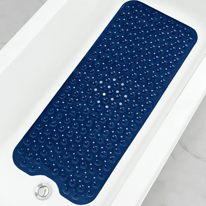 Bathtub and Shower Mats, Extra Long Non-Slip Bath Tub Mat 39 x 16 Inch, Machine Washable Bathmat with Suction Cups & Drain Holes for Bathroom Floor, Navy Blue