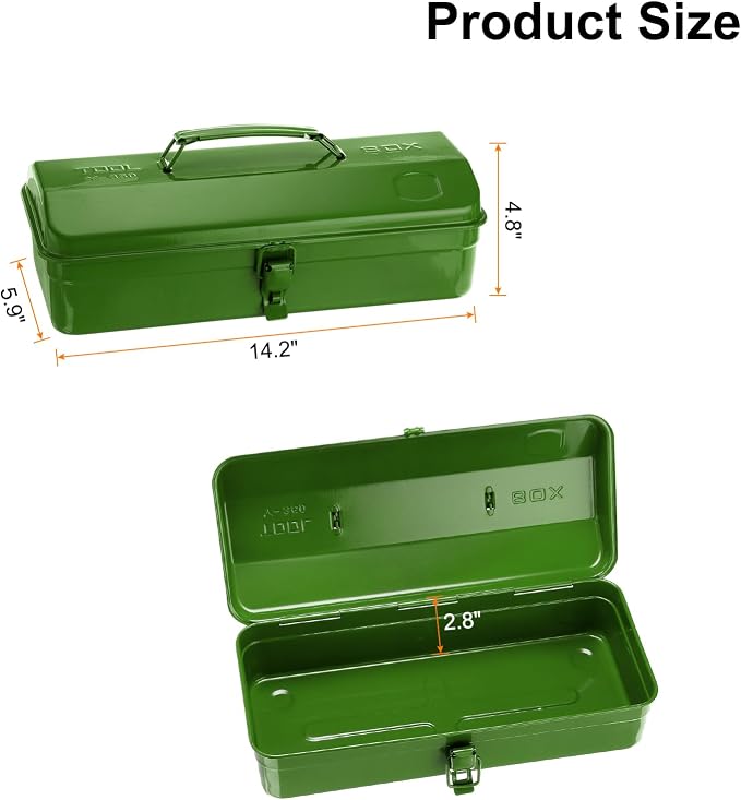 HARFINGTON Tool Box 14.2" Portable Steel Tool Box Hip Roof Style with Metal Latch Closure Tool Chest for Household Workshop Car, Green
