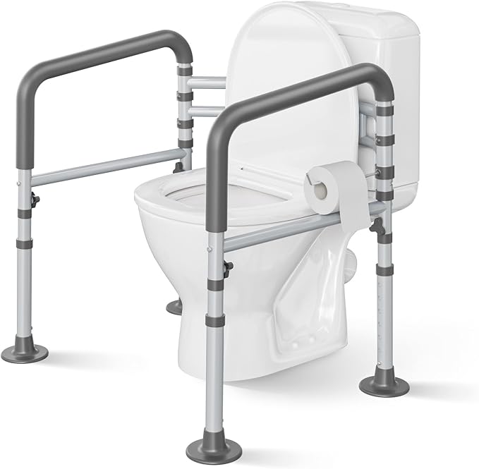 Loyoda Toilet Safety Rail for Seniors, 11.7lbs Steel, Rock-Solid Stability | Height & Width Adjustable,Foldable,Padded Armrests,Wide Non-slip Foot Pads,350 lb Capacity for Pregnant Women & Disabled,Gray