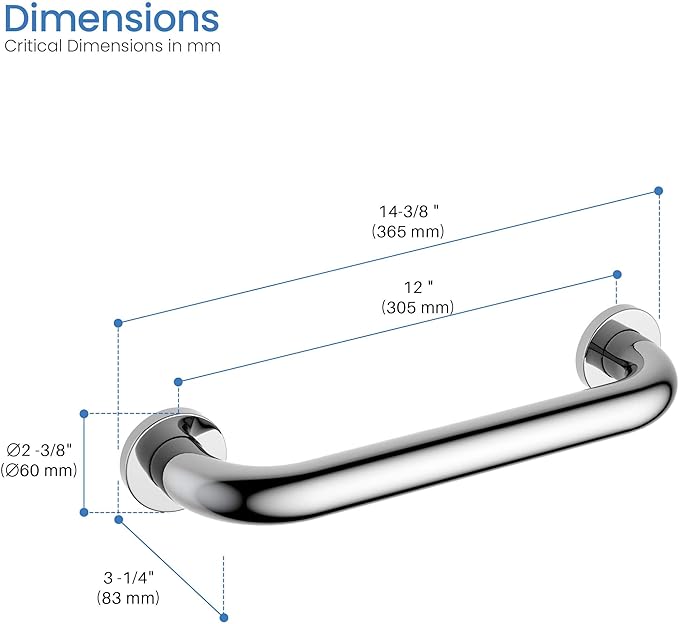 KIBI 12 Inch Stainless Steel Bathroom Safety Grab Bar | Curved Shaped Grab Bar for Bathtubs and Showers, Shower Safety Grab Bars for Seniors, Wall Mounted Anti-Slip Support (Chrome, KGB1012)
