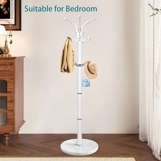 OIRUMIE Coat Rack with Natural Marble Base, Metal Freestanding Coat Racks with 14 Hooks, 360°Rotary Coat Rack Stand for Hanging Scarf, Bag, Jacket, White Coat Clothes Tree Hanger Holder Stand