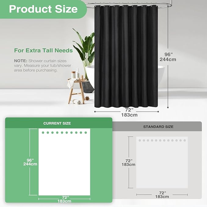 Dynamene Extra Long Shower Curtain,96 Inch Long Waffle Weave Heavy Duty Thick Cloth Bathroom Shower Curtain, Neutral Weighted Hotel Bath Curtain Set with 12 Plastic Hooks,72x96,Black