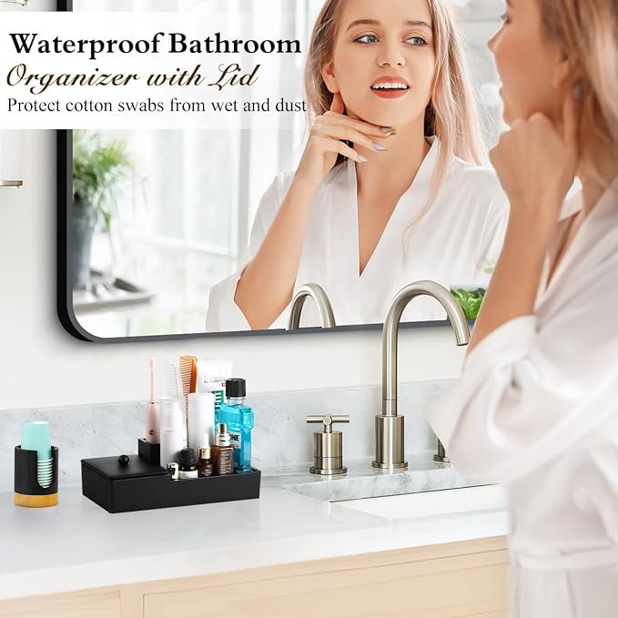 Luxspire Bathroom Counter Organizer, Marble Toothbrush Holder for Bathroom 6 Slot, Bathroom Vanity Organizer with Lid, Bathroom Organizer Countertop for Cotton Ball, Q-Tips, Floss, Matte Black