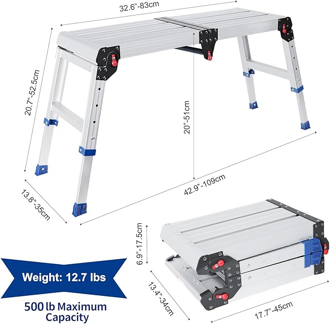 Foldable Aluminum Work Platform, 12.7 lb, Easy-Installation, Capacity of 500 lbs, Non-Slip, Step Stool for Adults with Adjustable Height, Heavy Duty & Portable Step Ladder