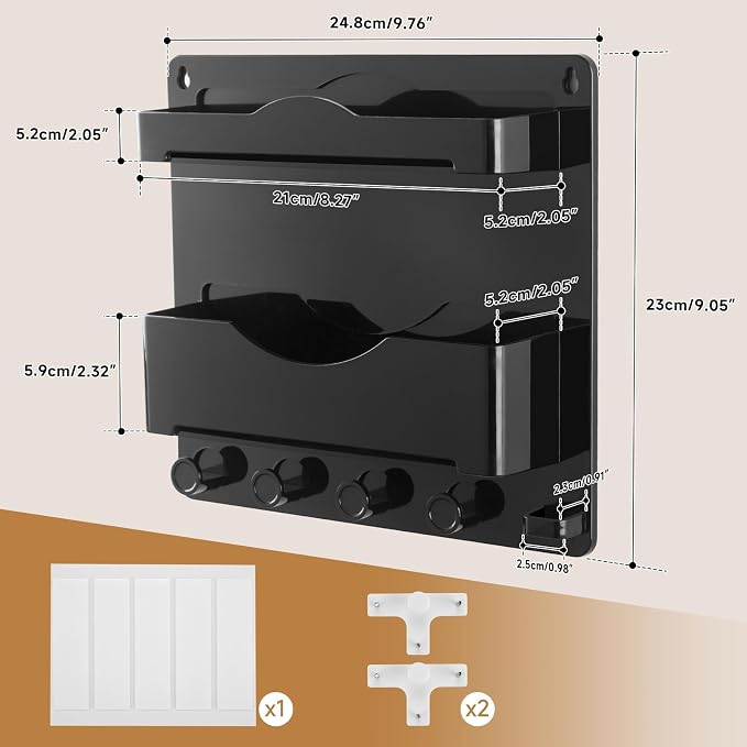 Bedside Wall Shelf with Glasses Hooks ，Adhesive Bedside Organizer Wall Mount for Dorm and Room Accessories Phone，Remote，Earphone， Kindle (Black)