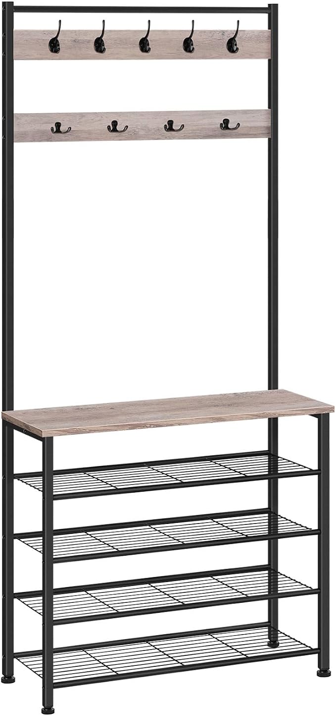 HOOBRO Hall Tree, Coat Rack with Shoe Rack, Hall Tree with Bench, 5 Tier Shoe Storage Organizer with 9 Hooks for Entryway, Closet, Sturdy, Industrial, Greige and Black BG80MT01G2