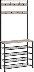 HOOBRO Hall Tree, Coat Rack with Shoe Rack, Hall Tree with Bench, 5 Tier Shoe Storage Organizer with 9 Hooks for Entryway, Closet, Sturdy, Industrial, Greige and Black BG80MT01G2