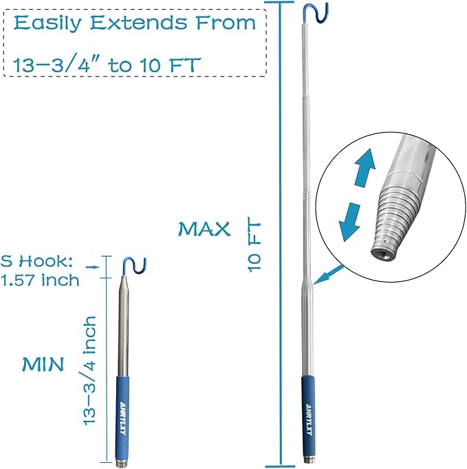 10 FT Telescoping Pickup Tool Magnetic Pole with Hook, Telescopic Push Pull Rod Wire Reacher Grabber Disc Golf retriever, Telescopic Magnetic Pick-Up Tool