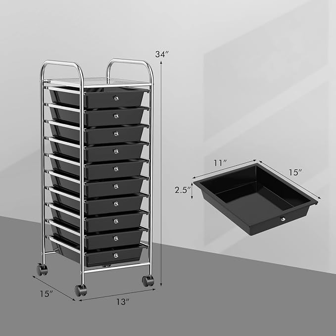 10-Drawer Rolling Storage Cart, Trolley w/Lockable 360° Wheels, 10 Removable PP Drawers, Sturdy Metal Frame, Rolling Utility Cart Perfect for Home, Office, Classroom (Black)