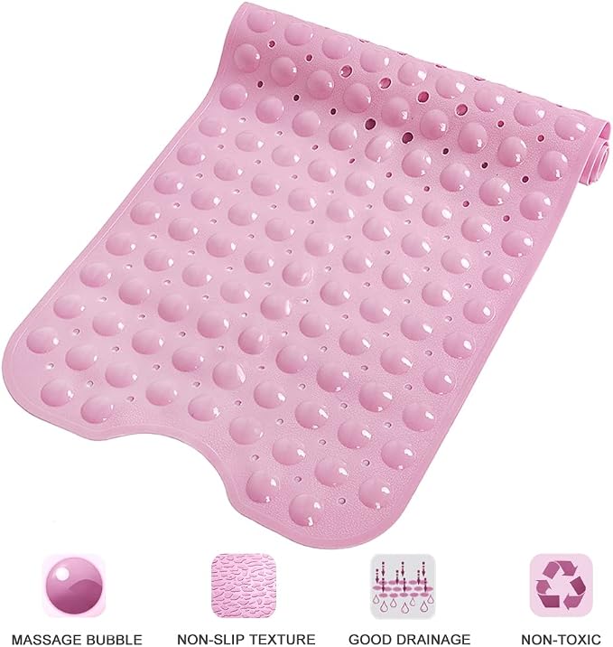 Bathtub and Shower Mats, Extra Long Non-Slip Bath Tub Mat 39 x 16 Inch, Machine Washable Bathmat with Suction Cups & Drain Holes for Bathroom Floor, Pink