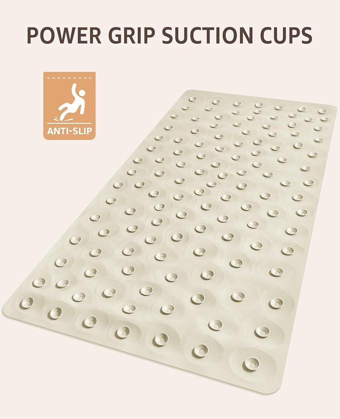 Bligli Non Slip Bathtub Mat, 16x31.5 Inch Standard Non-Slip Bathmats with Strong Suction Cups, Soft Rubber Anti-Slip Bathroom Floor Mat, Machine Washable, Comfort on Feet, 100% BPA Free (Beige)