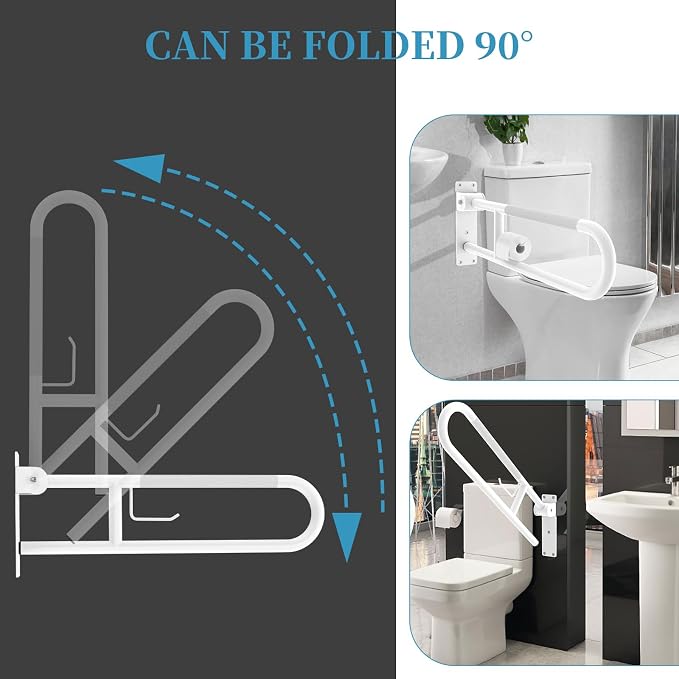 U Shaped Toilet Grab Bar 32 Inch, Munzong White Anti-Slip Support Rail, Flip-Up Bathroom Grab Bar with Paper Holder, Stainless Steel Knurled Handicap Safety handrails for Elderly Disabled Pregnant