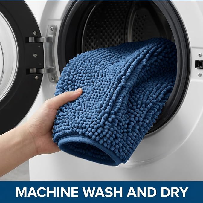 Bathroom Rugs Sets 2 Piece,Super Absorbent Chenille Bath Mats and U-Shaped Toilet Rug,Strong PVC Non Slip Backing,Microfiber Washable Dry Quickly Bath Mats for Bathroom(20"x32"+20"x20"U, Medium Blue)
